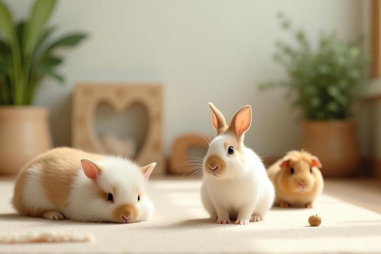 A serene image of various well-cared-for therapy animals, including a rabbit and a guinea pig, in a comfortable, clean, and natural-looking environment, symbolizing the ethical care given to them.