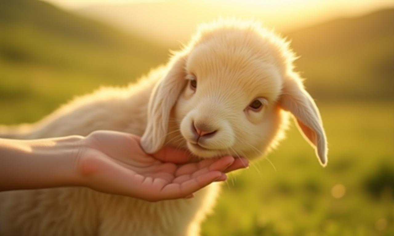 A person gently petting a soft-furred animal in a serene, natural setting, symbolizing peace and connection.