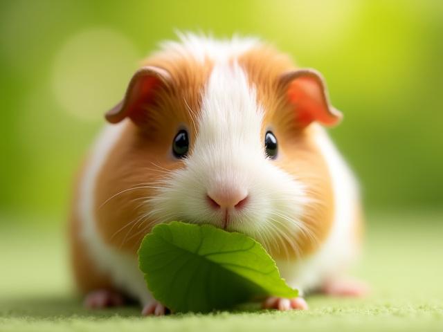 A tiny, adorable guinea pig named Clementine with warm brown fur, nibbling on a leaf